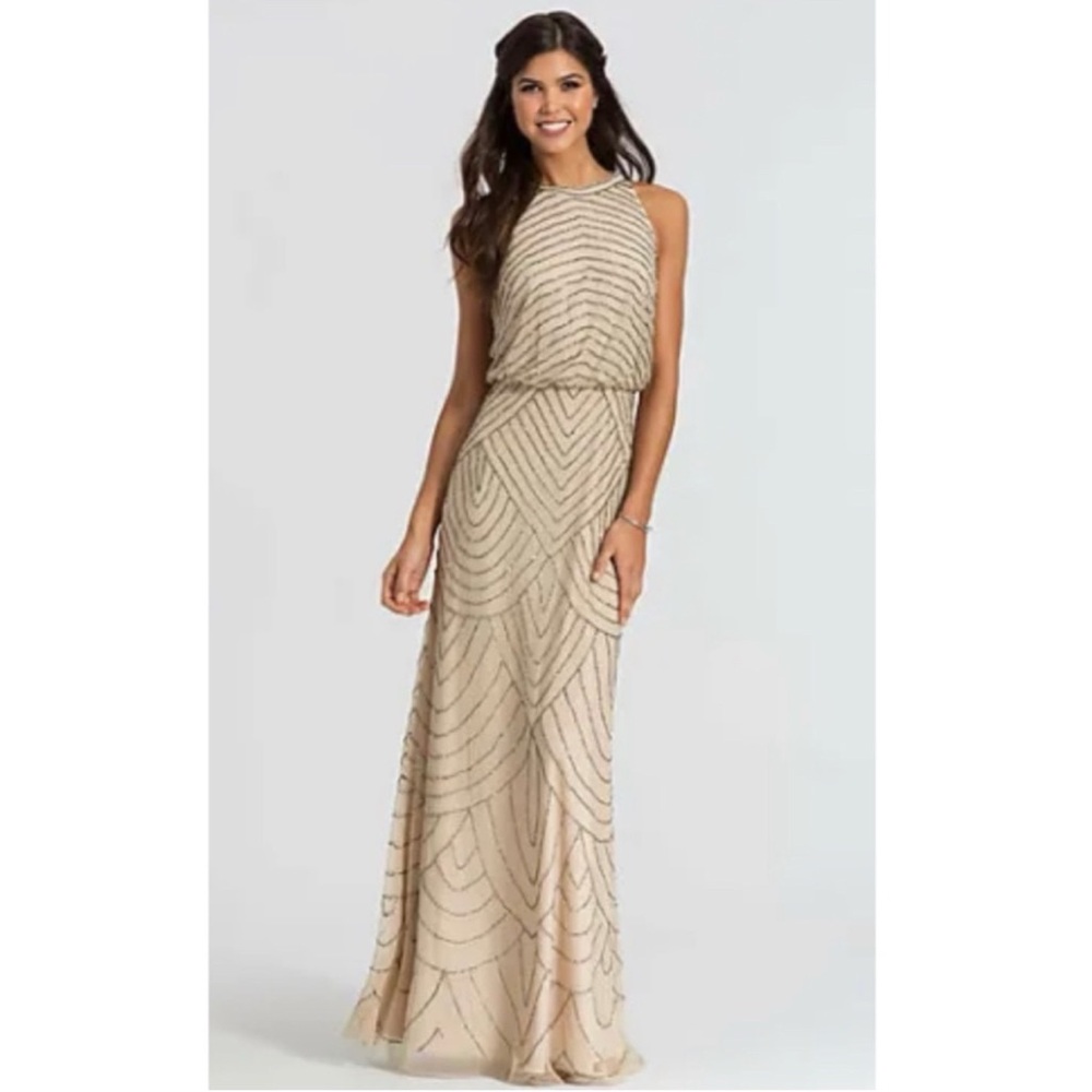ADRIANNA PAPELL ART DECOBEADED BLOUSONDRESS WITH HALTER NECKLINE IN NUDE 4